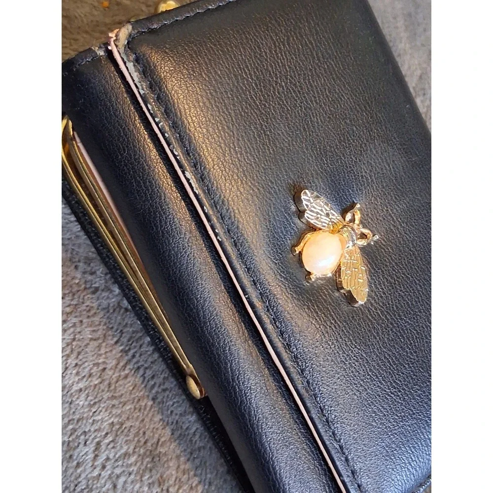 Black Folding Women's Wallet Gold Tone Bee Accent Coin Pocket Animal Theme - Picture 2 of 16